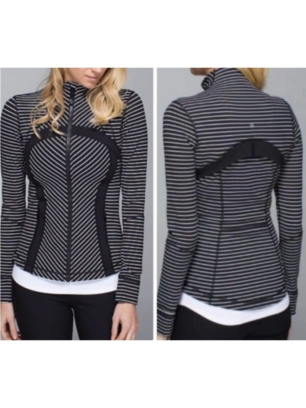 Lululemon Sz 8 Define Jacket Full Zip 4-Way Stretch Black White Parallel Stripe